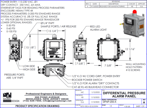 Technical specification drawing for a differential pressure alarm control panel Technical specification drawing for a differential pressure alarm control panel