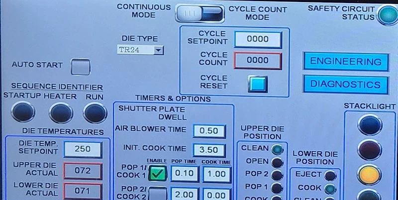 HMI touchscreen interface for an automated Sigma Design pop chip machine